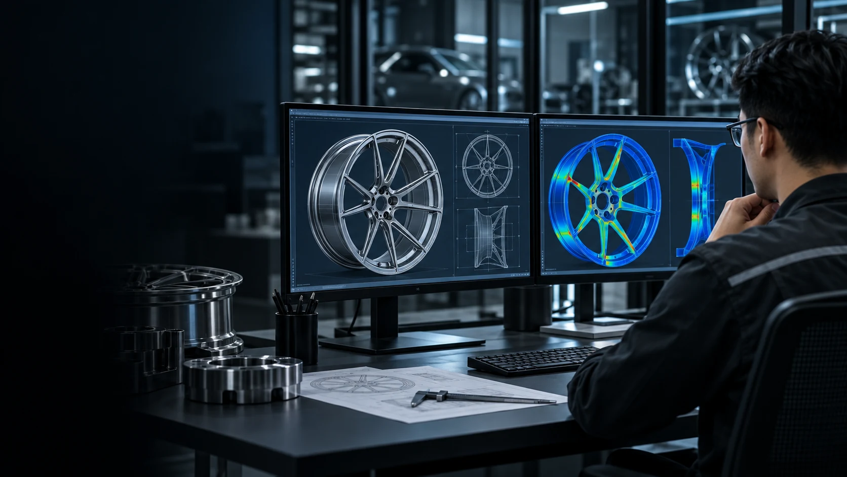 Wheel engineer reviewing forged wheel CAD and FEA analysis