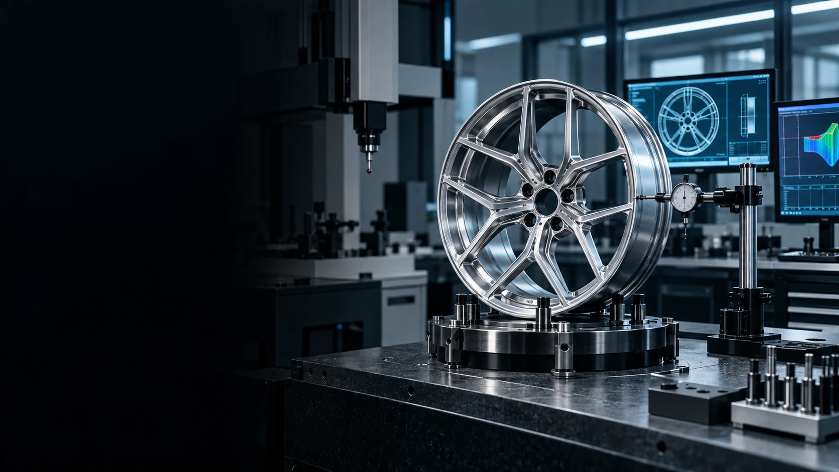 Forged wheel undergoing dimensional inspection in a precision laboratory