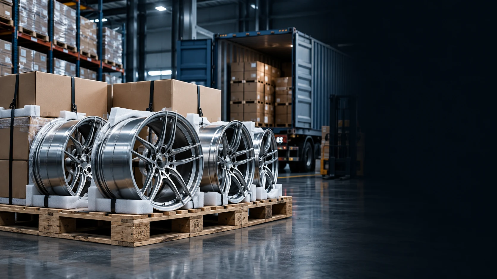 Finished forged wheels secured for international shipping