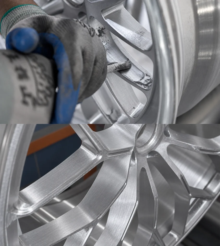 Surface preparation on a wheel spoke and a close-up of the brushed finish