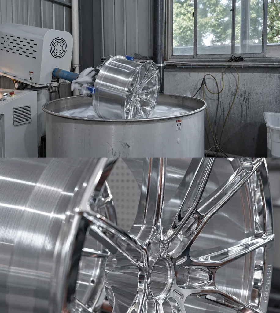 Wheel surface-finishing equipment and a close-up of a polished wheel
