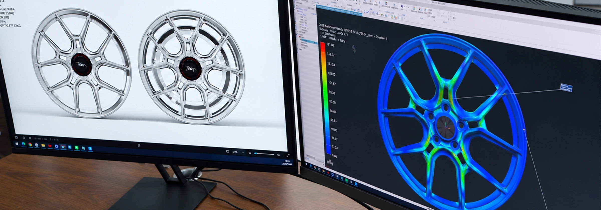 Wheel engineer reviewing forged wheel CAD and FEA analysis
