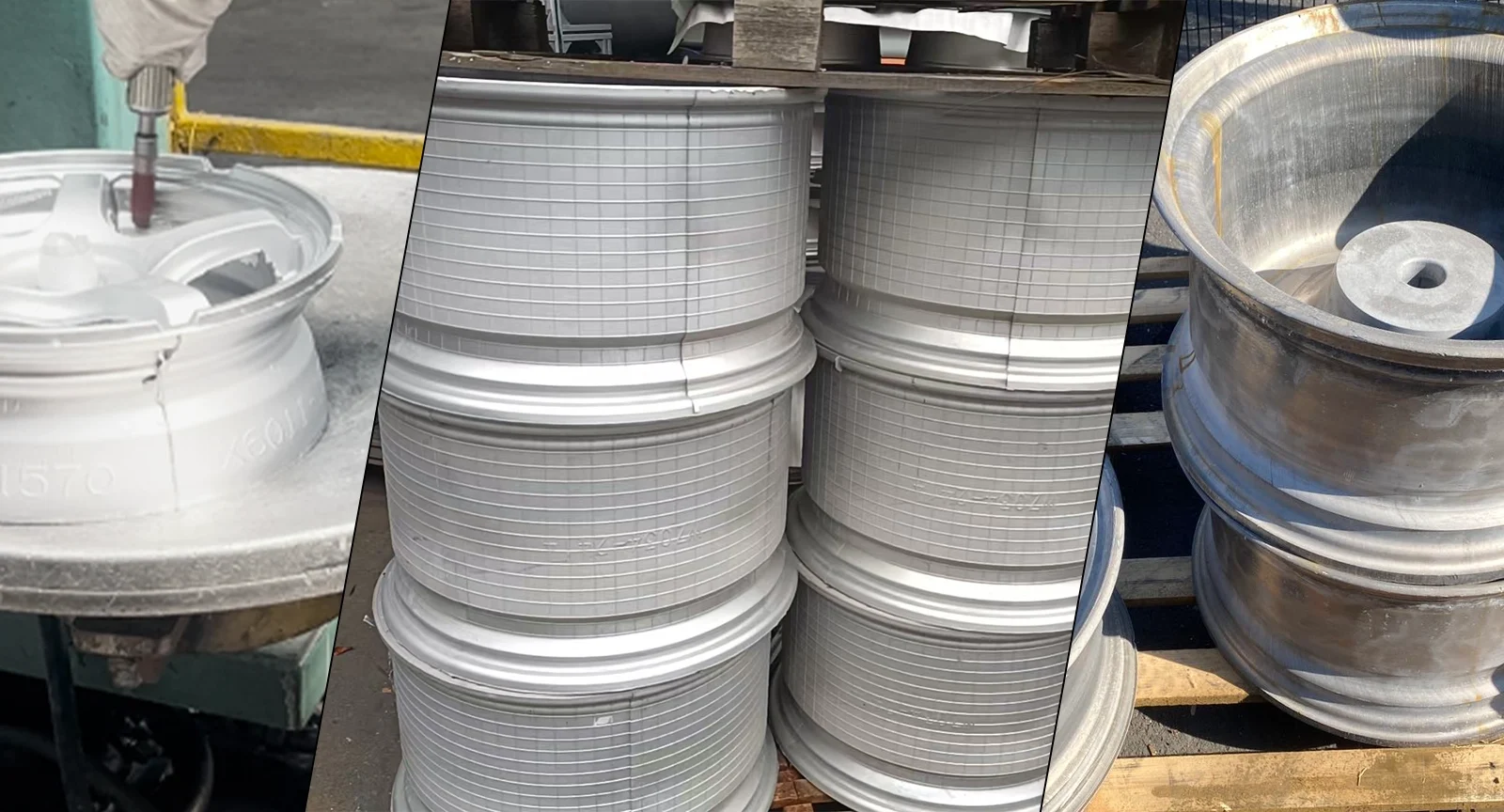 Wheel machining and stacks of unfinished wheel blanks in a three-panel manufacturing photo.