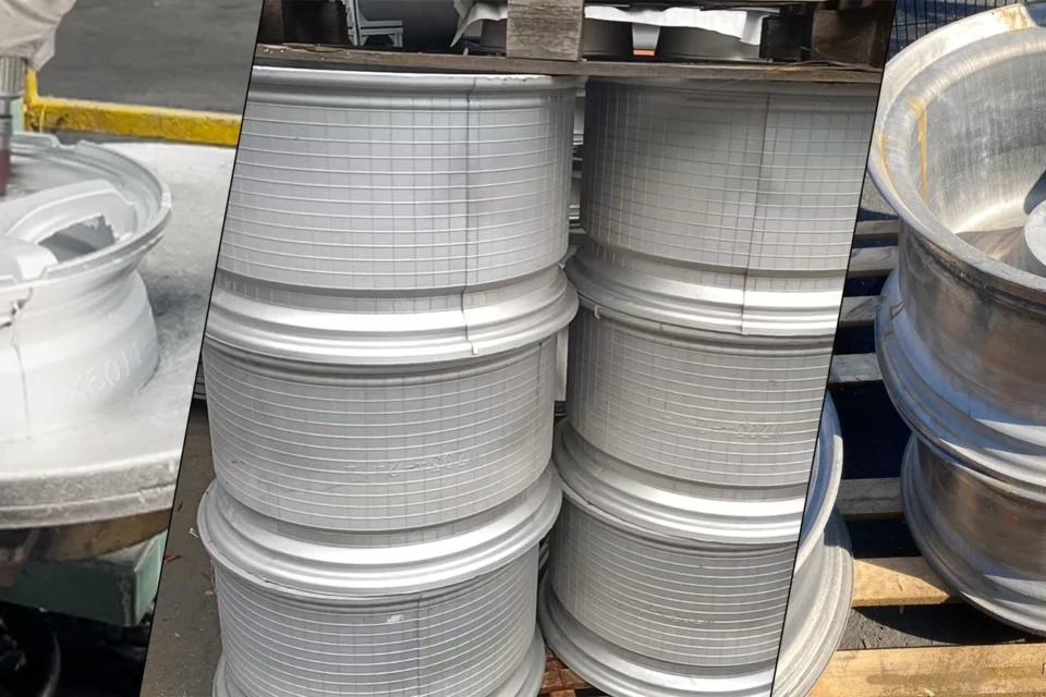 Wheel machining and stacks of unfinished wheel blanks in a three-panel manufacturing photo.