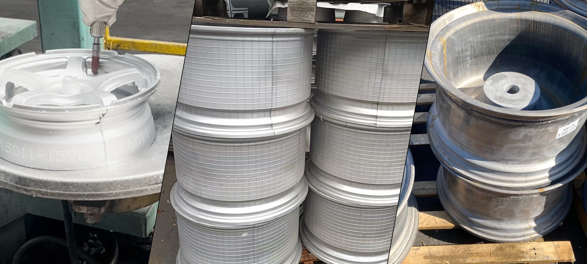 Wheel machining and stacks of unfinished wheel blanks in a three-panel manufacturing photo.