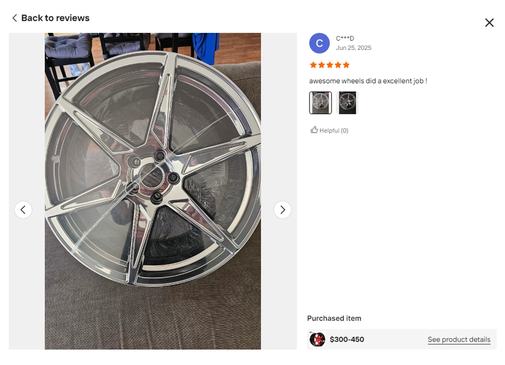 Buyer review screenshot showing an unpacked polished wheel