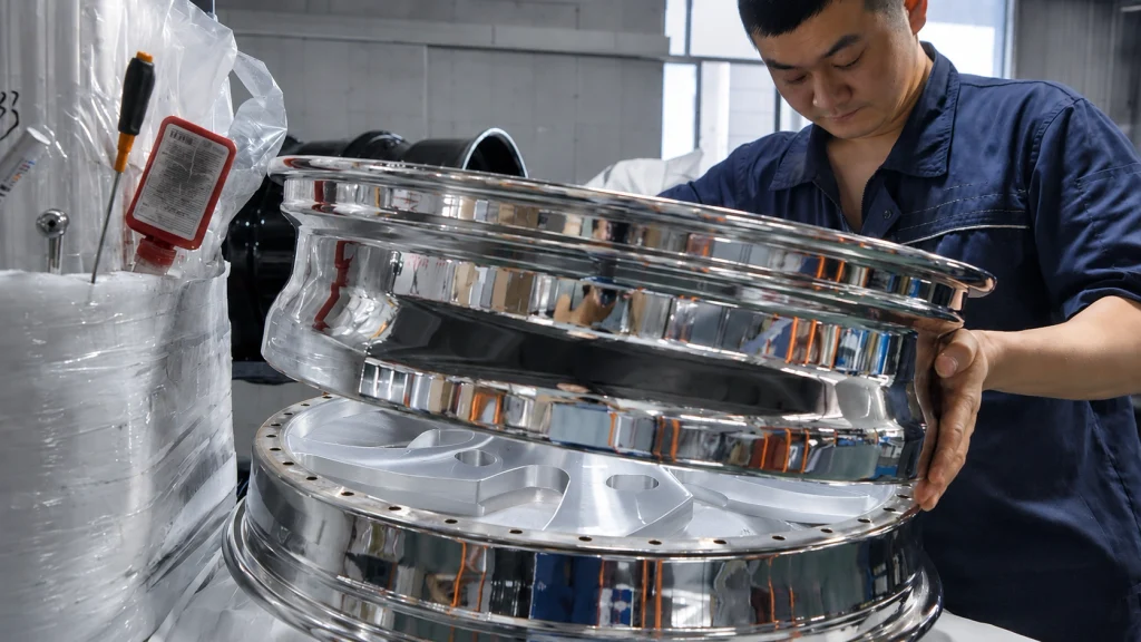 Technician positioning separate rim components during multi-piece wheel assembly