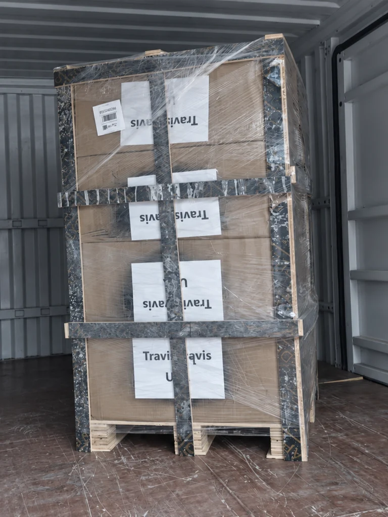 Wheel cartons secured in a wooden frame inside a shipping container