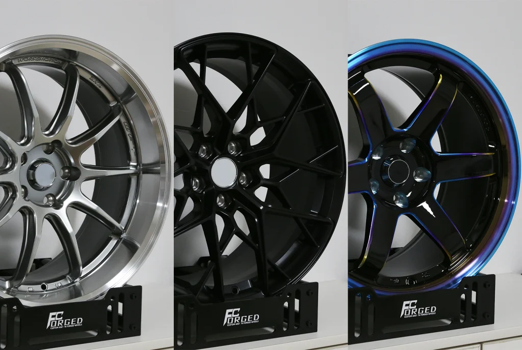 Custom forged wheel design references with different spoke patterns and finishes