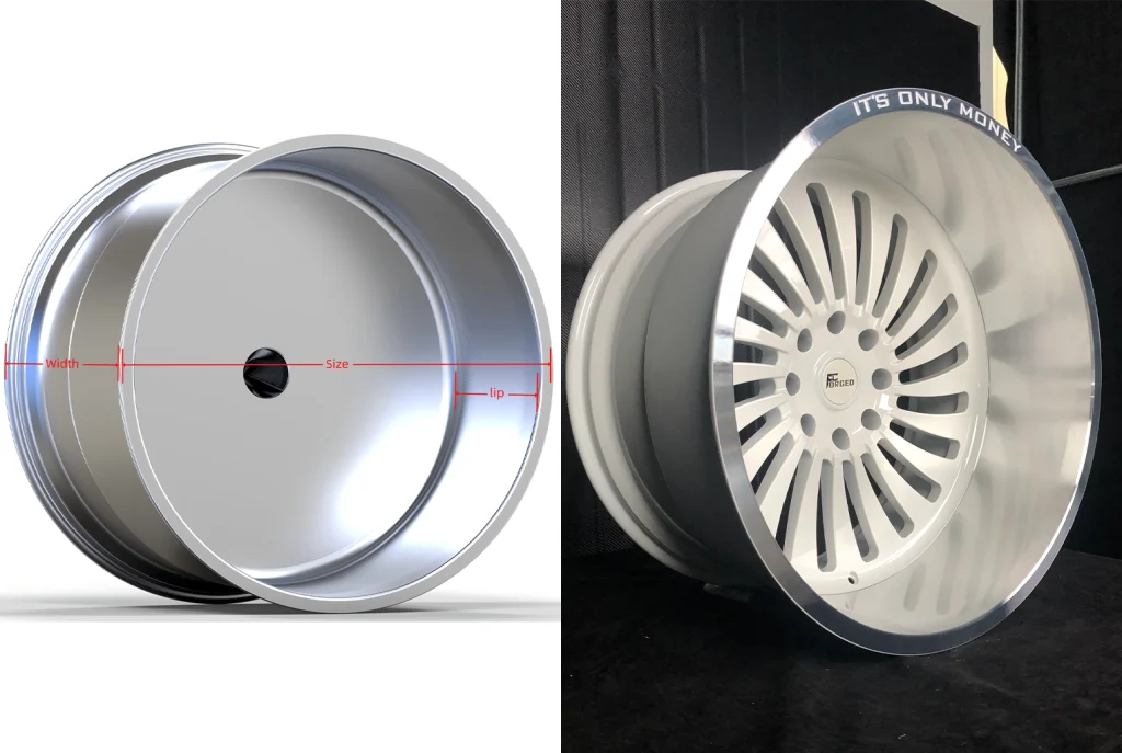 Wheel barrel illustration beside a wheel with a visible outer lip