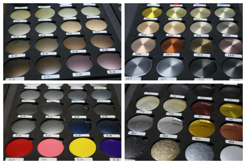 Wheel finish sample swatches showing different colors and surface textures