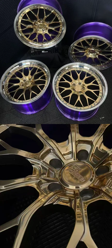 Finished FcForged wheels with gold-colored centers and purple barrels
