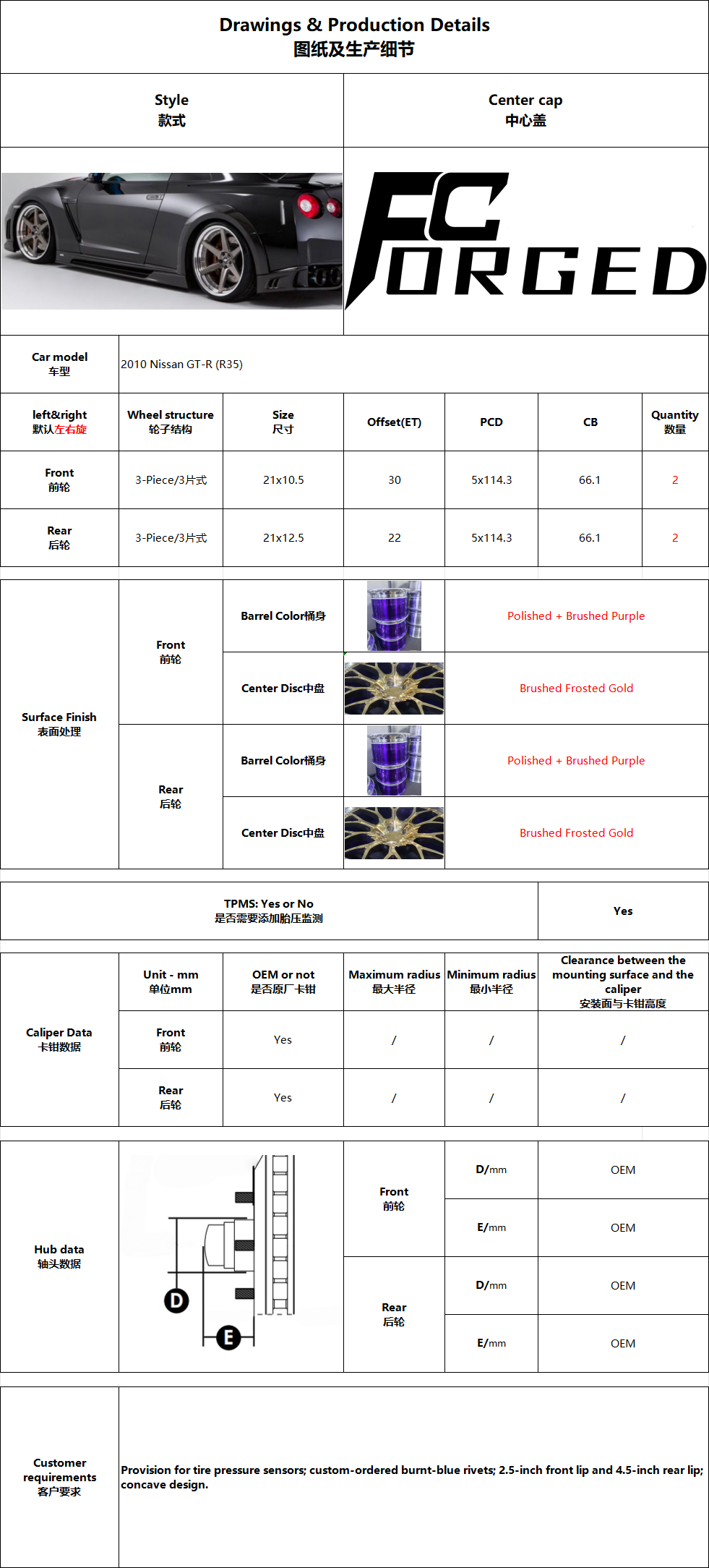 FcForged project specification sheet with separate front and rear wheel details
