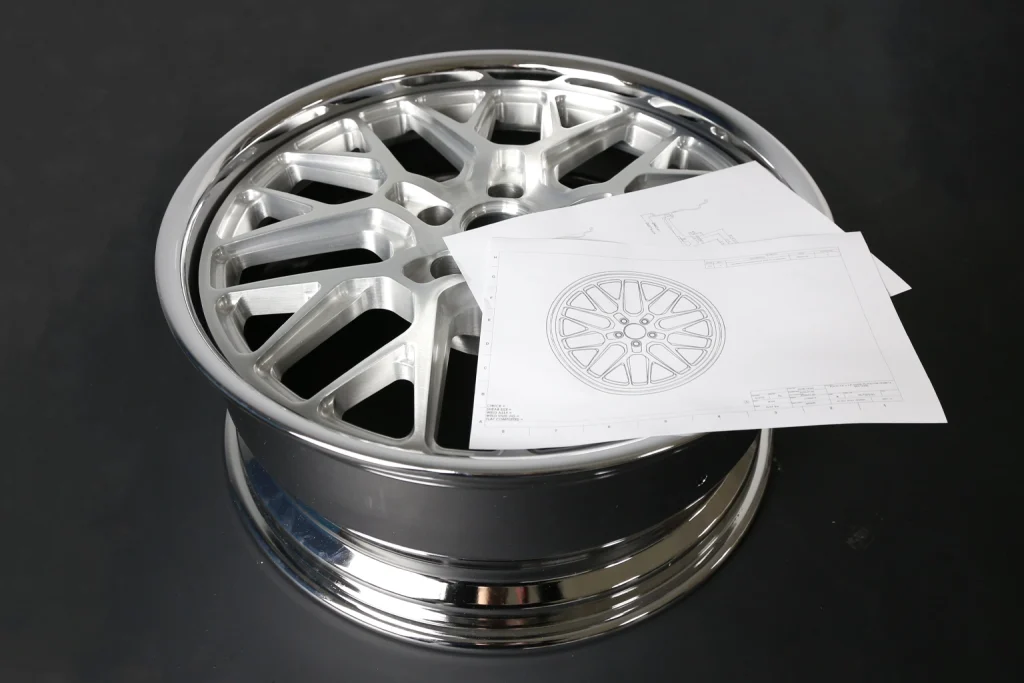 Custom forged wheel supplier sample shown with an engineering drawing
