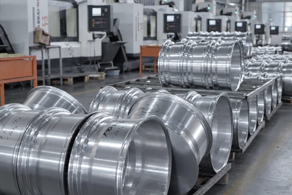Machined wheel blanks beside CNC equipment in the FcForged workshop