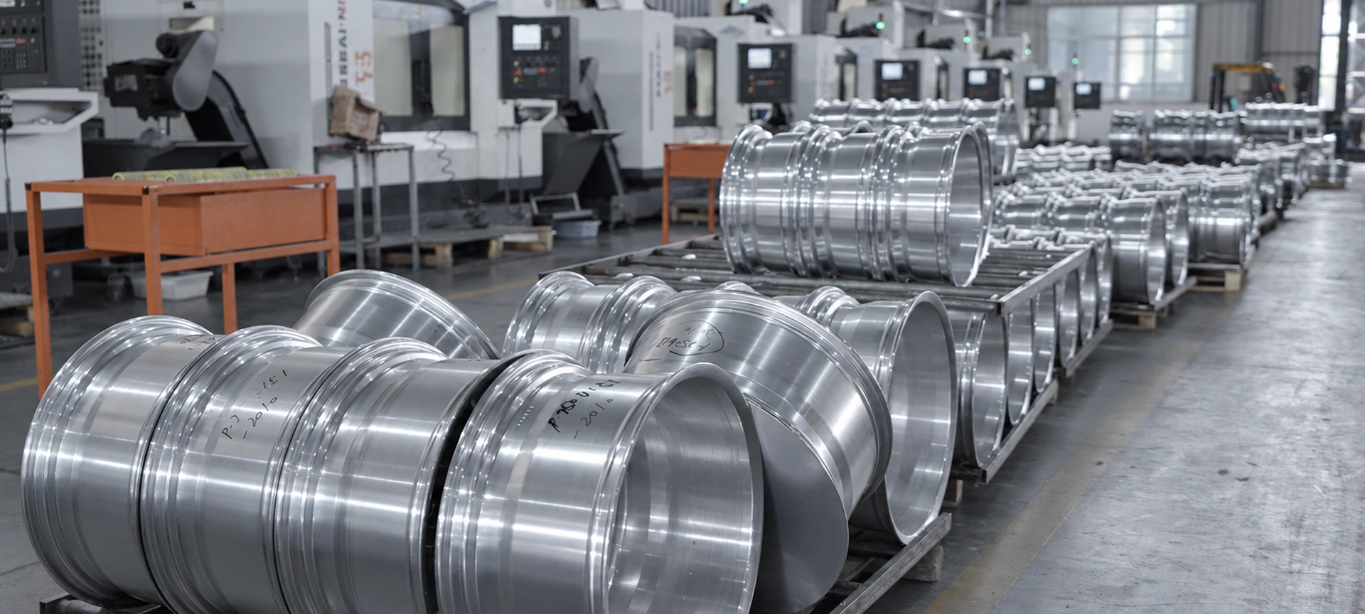 Machined wheel blanks beside CNC equipment in the FcForged workshop