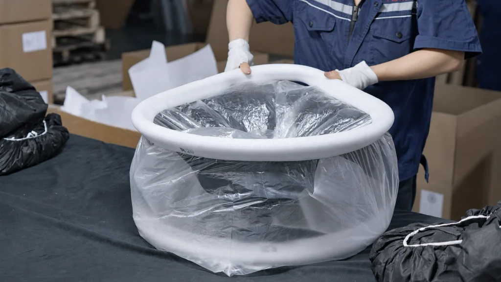 Wheel wrapped in a plastic bag with foam rings protecting the rim edges