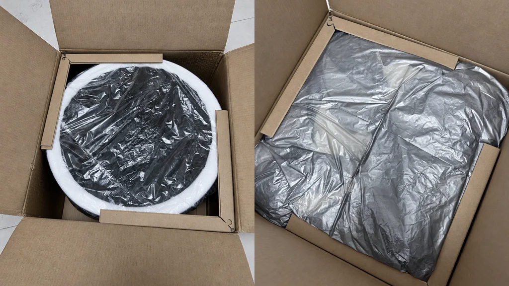 Wrapped wheels secured inside cartons with protective inserts