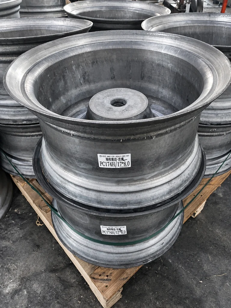 Forged wheel blanks stacked on a pallet before machining
