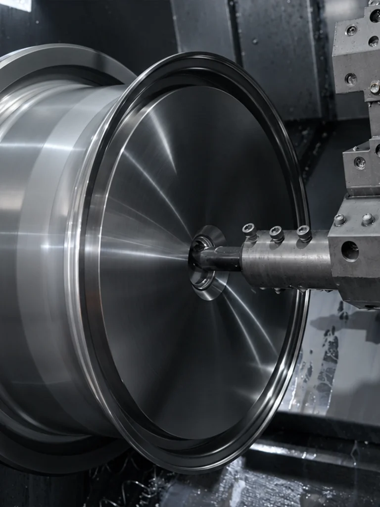 Wheel blank on a lathe during machining of the center opening