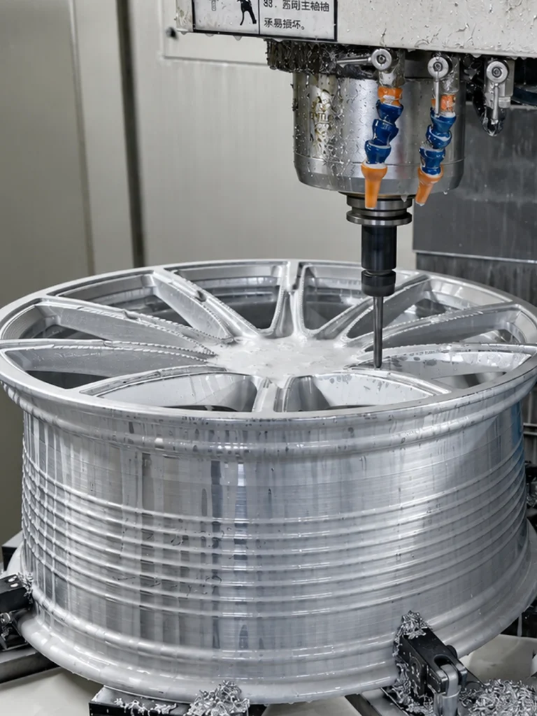 CNC machining the spoke and face geometry during forged wheel manufacturing